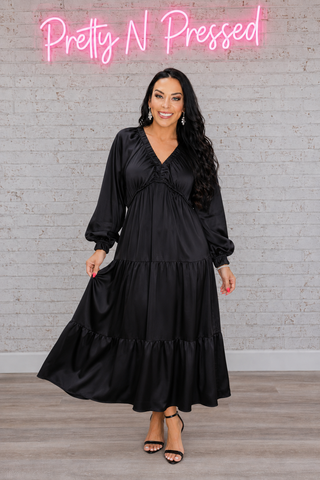 Elegant Black Elastic V Neck Tiered Satin Maxi Dress