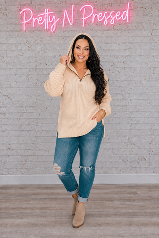 The Perfect Day Oatmeal Notched Neck Contrast Stitch Knit Hoodie
