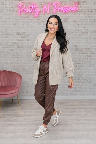 Autumn Vibes Taupe Textured Cable Knit Collared Cardigan