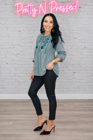 Beautiful You Dark Green Cotton Plaid Embroidered Back Button Top