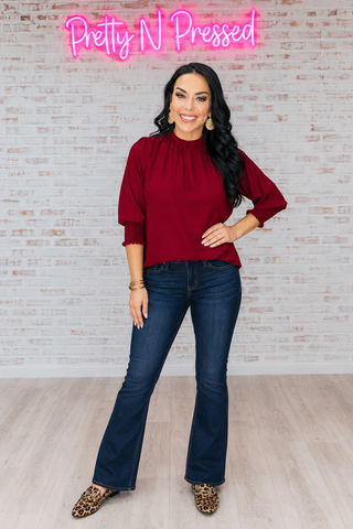 Bold Dreams Wine Smocked Three Quarter Sleeve Tie Back Top