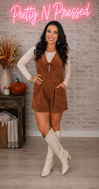 Cinnamon Solid Color Tie V Neck Sleeveless Corduroy Romper