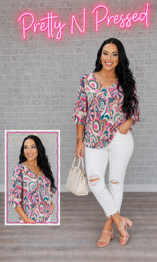 Eyes On You Teal Paisley Double Ruffle Sleeve Top