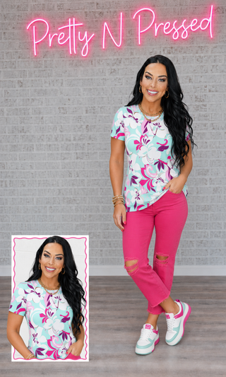 Turquoise & Purple Flat Floral Print Top