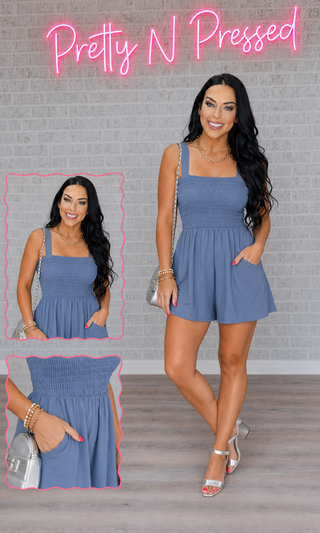 Dusty Blue Terry Smocked Tank Top Baggy Shorts Romper