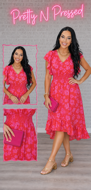 Remember Me Red & Pink Floral Print Smocked Waist Midi Dress