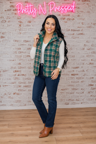 Put Together Evergreen Plaid Quilted Puffer Vest