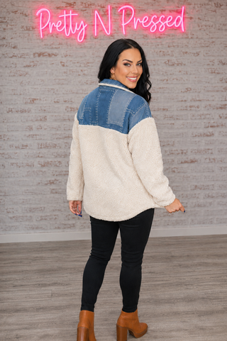 Good Vibes Denim & Ivory Patchwork Sherpa Half Zip Pullover