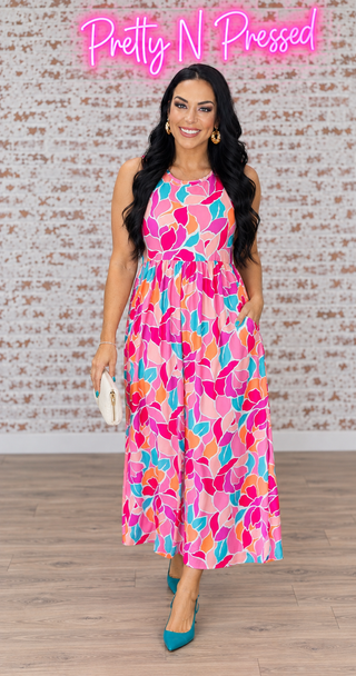 Hello Beautiful Fuchsia Abstract Floral Fit & Flare Maxi Dress