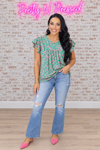 Dreamy Green & Pink Floral Yoke Ruffle Short Sleeve Top
