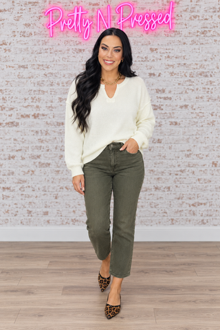 Lock Eyes Ivory Notched Neck With Patch Oversized Sweater