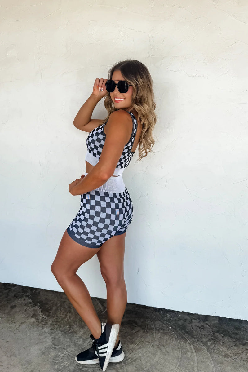 PREORDER- CHECKER BRA & BIKER SHORT SET
