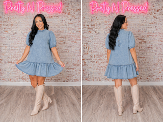 SO ME Denim Short Sleeves Mini Tiered Dress