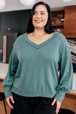 Teal Sew In Love Doesn't Compare V-neck top, front view showing the V-neckline.