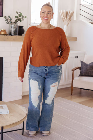Rust Don't Be Difficult raglan pullover sweater, full outfit with distressed jeans.