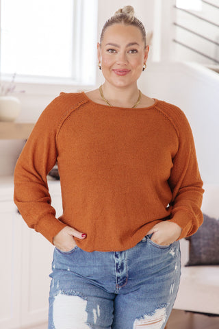 Rust Don't Be Difficult raglan pullover sweater, front view showing the round neckline and rolled hem.