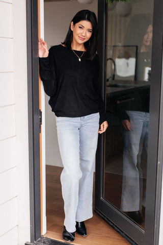 Black Very J Drive Downtown dolman-sleeve top, full outfit with light-wash jeans.