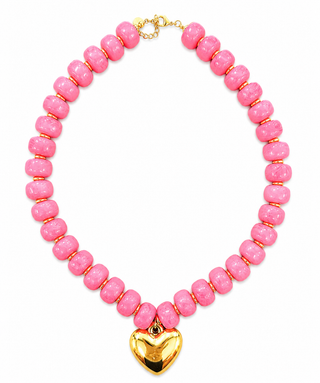 Hot Pink Beaded Heart Necklace