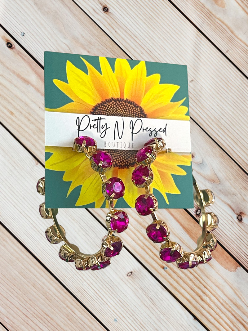 Hot Pink Crystal Hoops