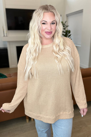 Beige Soft And Sweet waffle-knit pullover, front view showing the loose hem.