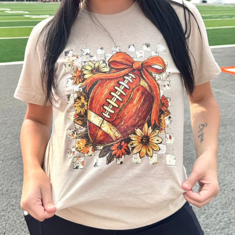 Checkered Floral Football with Bow Graphic Tee