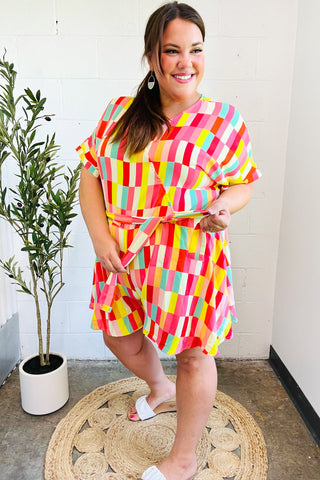 Eyes On You Coral Geo Abstract Surplice Woven Romper