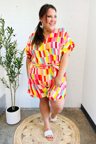 Eyes On You Coral Geo Abstract Surplice Woven Romper