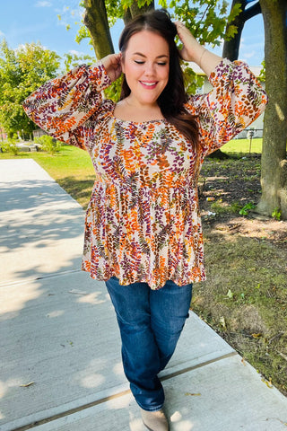 Fall in Love Taupe & Rust Floral Print Babydoll Bubble Sleeve Top