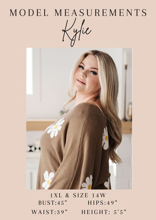 Supplier model Kylie reference card showing body measurements and usual clothing sizes, not product measurements.