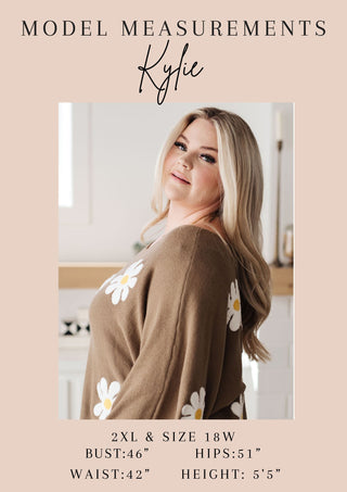 Supplier model Kylie reference card showing body measurements and usual clothing sizes, not product measurements.