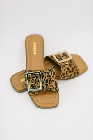 Soda Opera leopard-print square-toe buckle sandals, pair arranged on a white background.