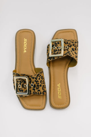 Soda Opera leopard-print square-toe buckle sandals, overhead view of the pair.