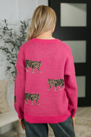 Pink BiBi Pretty and Prowling tiger-graphic pullover, back view showing tiger motifs.