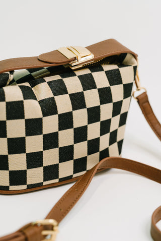 Zenana Send a Check canvas crossbody bag, close-up showing checkerboard canvas and tan trim.