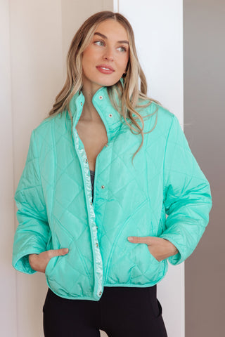 Aqua BiBi Slightly Distracted quilted puffer jacket, front view showing mock collar and pockets.