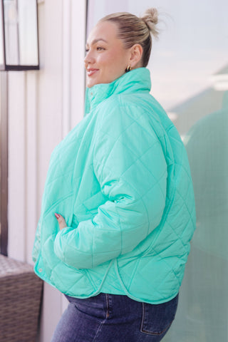 Aqua BiBi Slightly Distracted quilted puffer jacket, side view showing the collar and quilting.