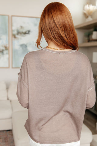 Taupe Sew In Love Spring In My Step V-neck pullover, back view showing the straight hem.
