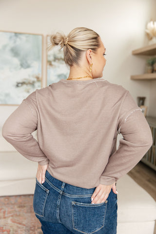 Taupe Sew In Love Spring In My Step V-neck pullover, back view with blue jeans.