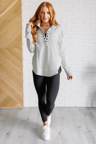 BiBi Striped Serendipity collared pullover, full outfit with black leggings and white sneakers.