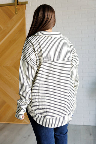 BiBi Striped Serendipity collared pullover, back view showing mixed stripe directions.