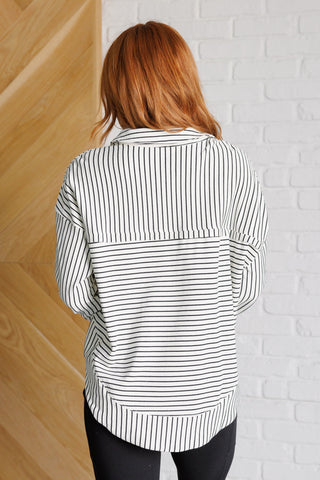 BiBi Striped Serendipity collared pullover, back view showing the curved hem.