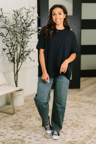 Black Dear Scarlett Layback relaxed tee, full outfit with jeans and sneakers.