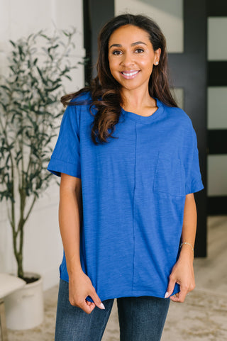 Royal-blue Dear Scarlett Layback relaxed tee, front view with center seam.