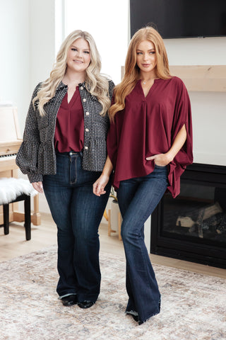 Wine Universal Philosophy poncho-style blouse, two supplier models showing layered and unlayered outfits.