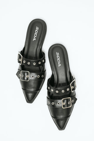 Black Soda Usual pointed-toe double-buckle flats, overhead view of the pair.