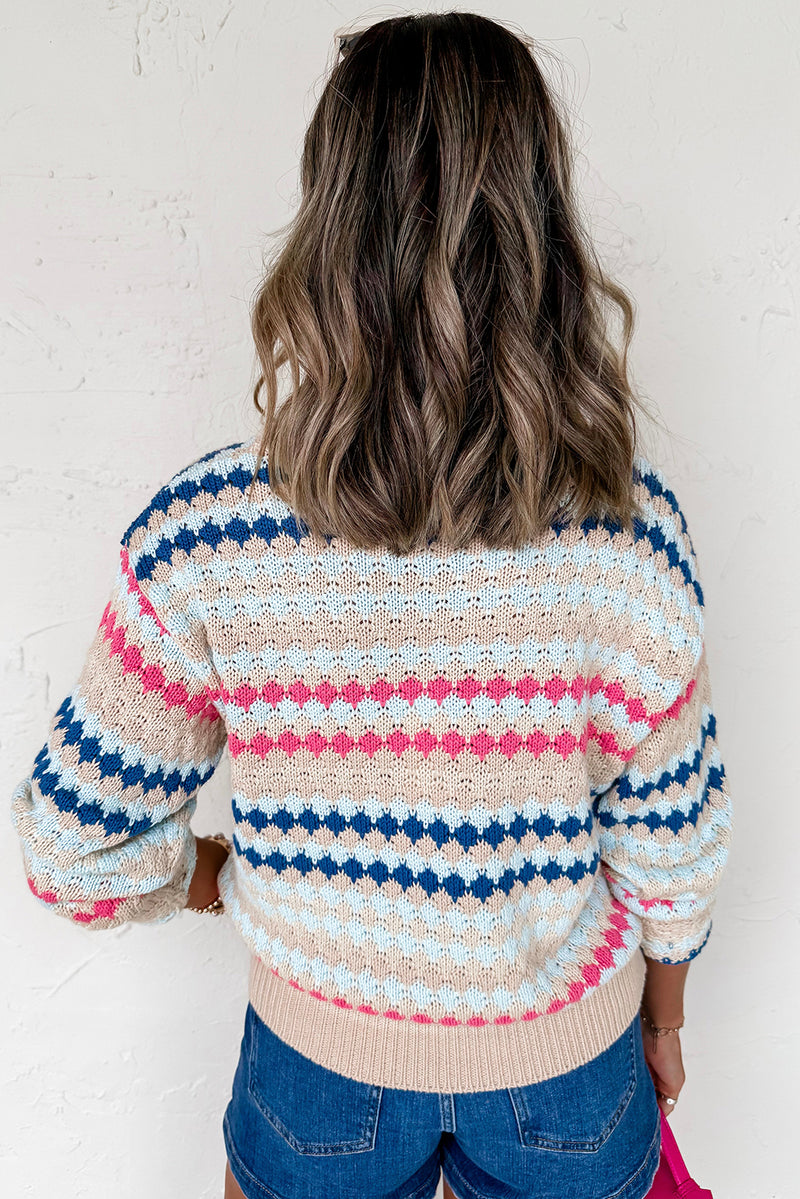 Khaki Stripe Eyelet Patterned Drop Shoulder Sweater