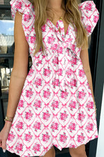 Multicolour Bow Lattice Floral Print V Neck Knot Decor Mini Dress