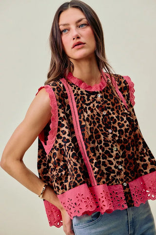 Front view of the SO ME leopard sleeveless blouse showing the scalloped pink lace hem.