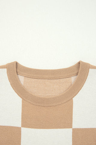 Light French Beige Checkered Pattern Loose Drop Shoulder Half Sleeve Sweater