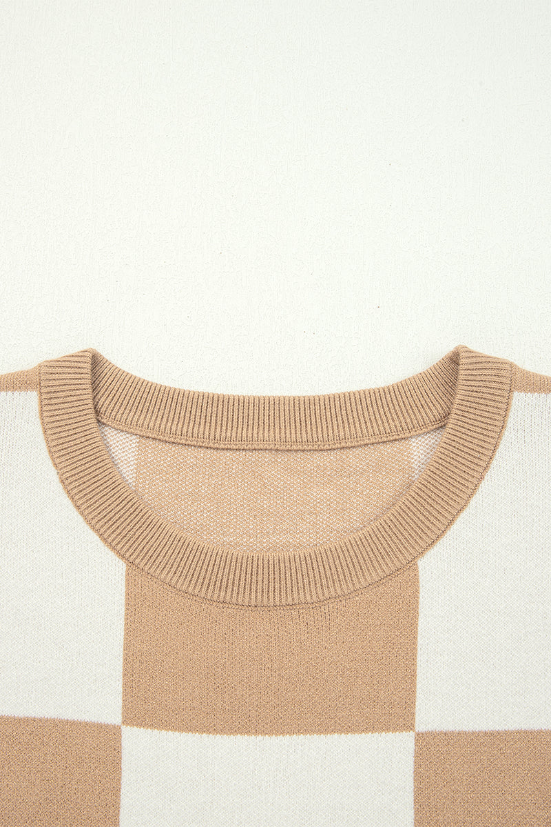 Light French Beige Checkered Pattern Loose Drop Shoulder Half Sleeve Sweater